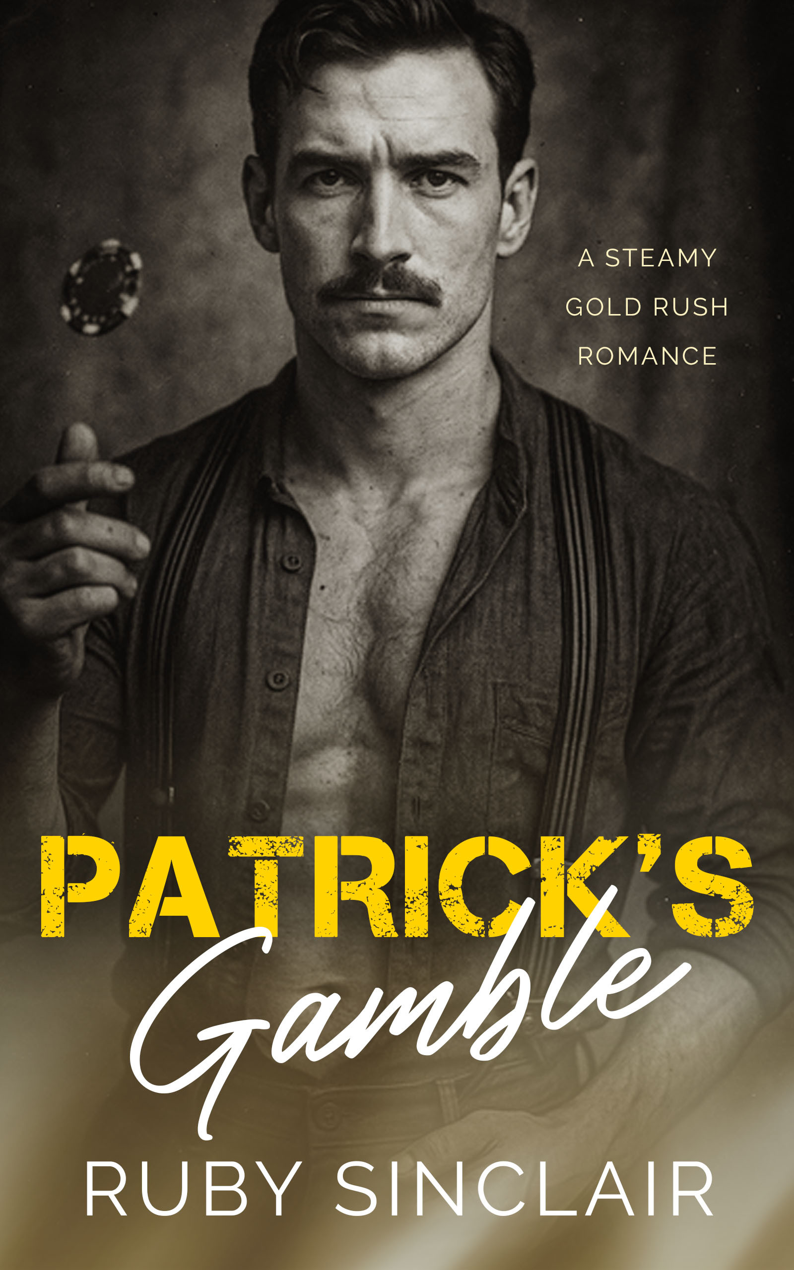 Book cover for Patrick's Gamble by Ruby Sinclair. A muscular working class man from the late 1800s staring into the camera and flipping a poker chip.